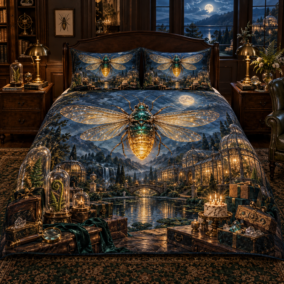 Firefly Curio Jubilee Quilted Bedding Set with printed optical 3D artwork in its use setting