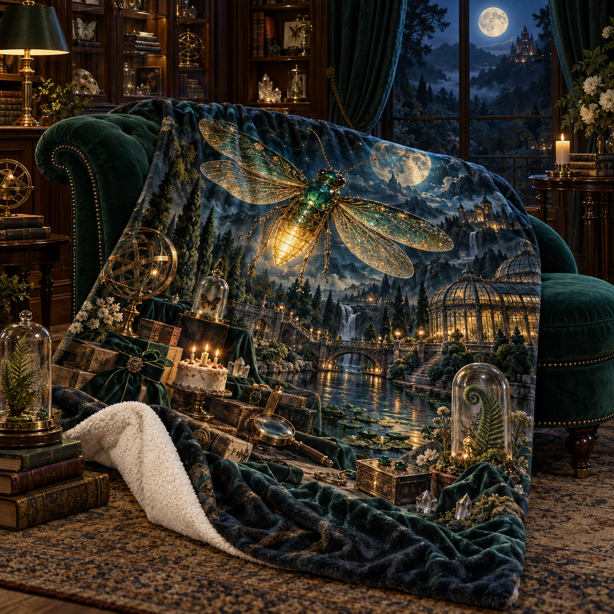 Firefly Curio Jubilee Sherpa & Fleece Blanket with printed optical 3D artwork in its use setting