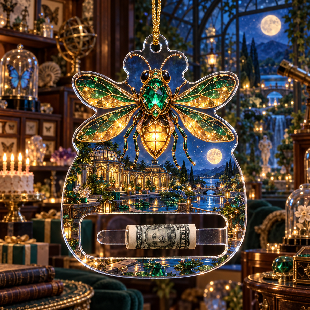 Firefly Curio Jubilee Acrylic Cash Holder Ornament with printed optical 3D artwork in its use setting