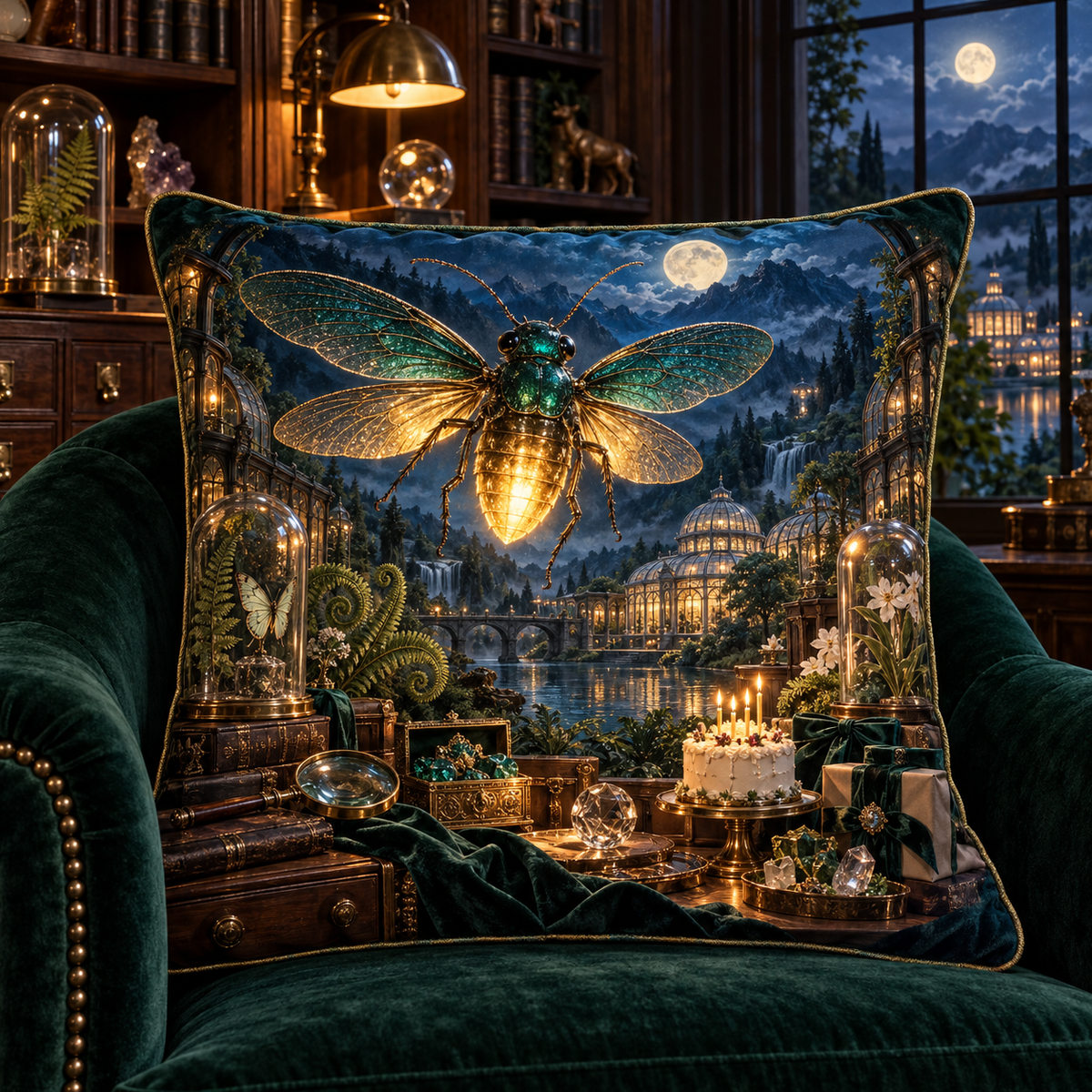 Firefly Curio Jubilee Quilted Cushion Cover with printed optical 3D artwork in its use setting