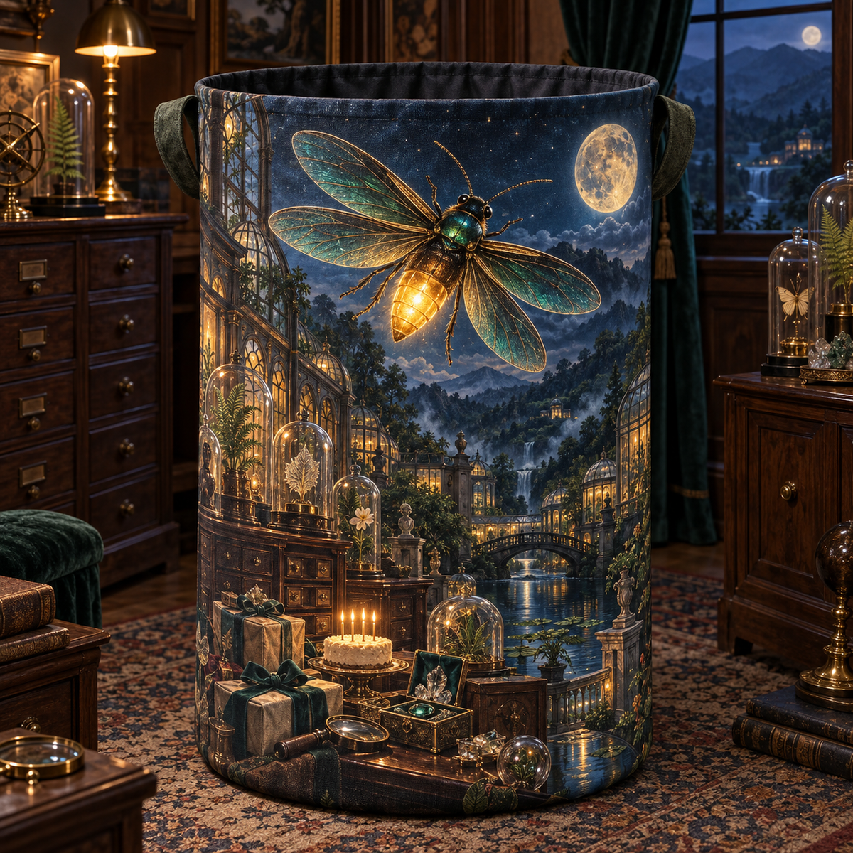 Firefly Curio Jubilee Laundry Hamper with printed optical 3D artwork in its use setting