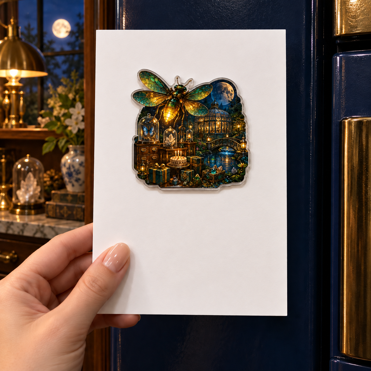 Firefly Curio Jubilee Acrylic Refrigerator Magnet with printed optical 3D artwork in its use setting