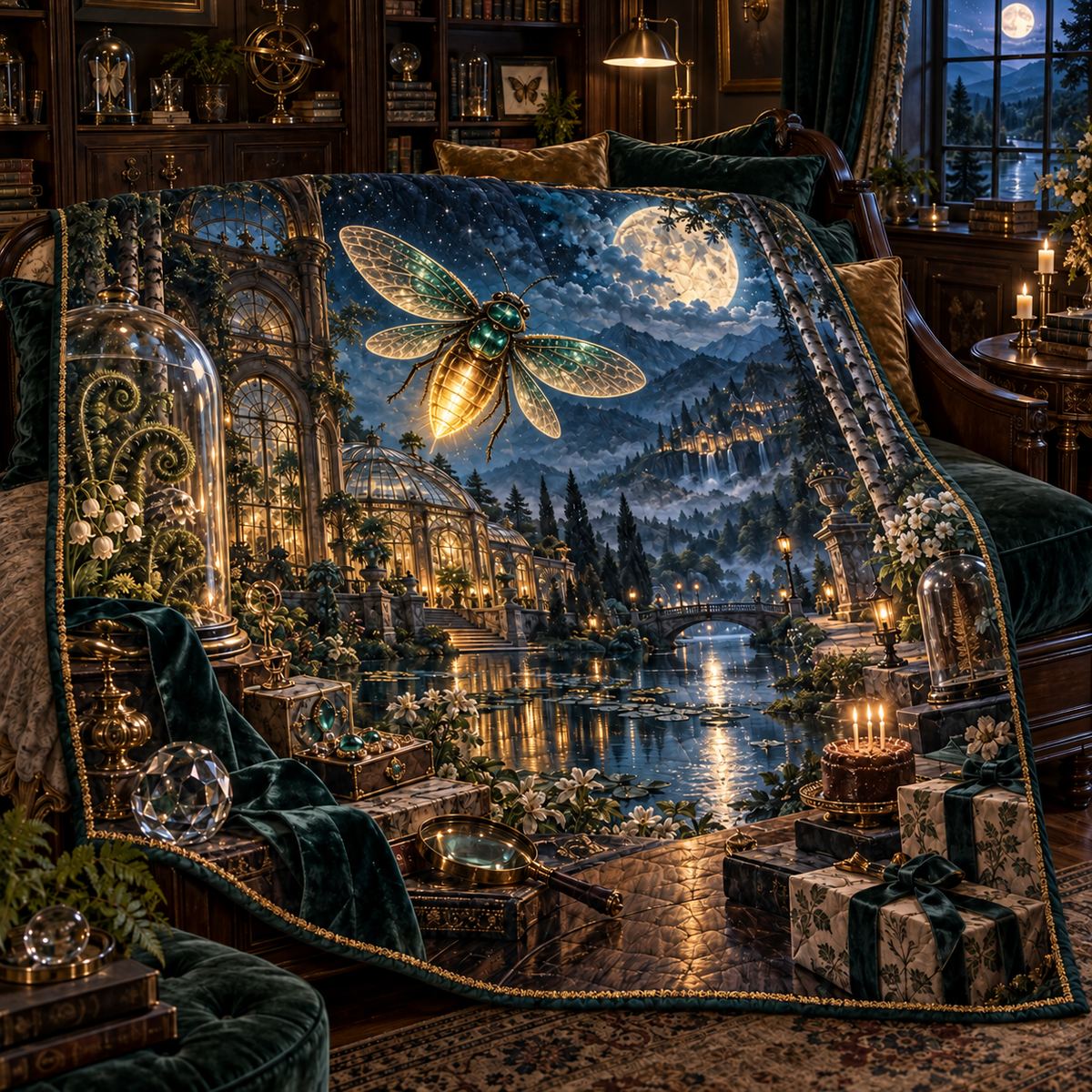 Firefly Curio Jubilee Quilt Blanket with printed optical 3D artwork in its use setting