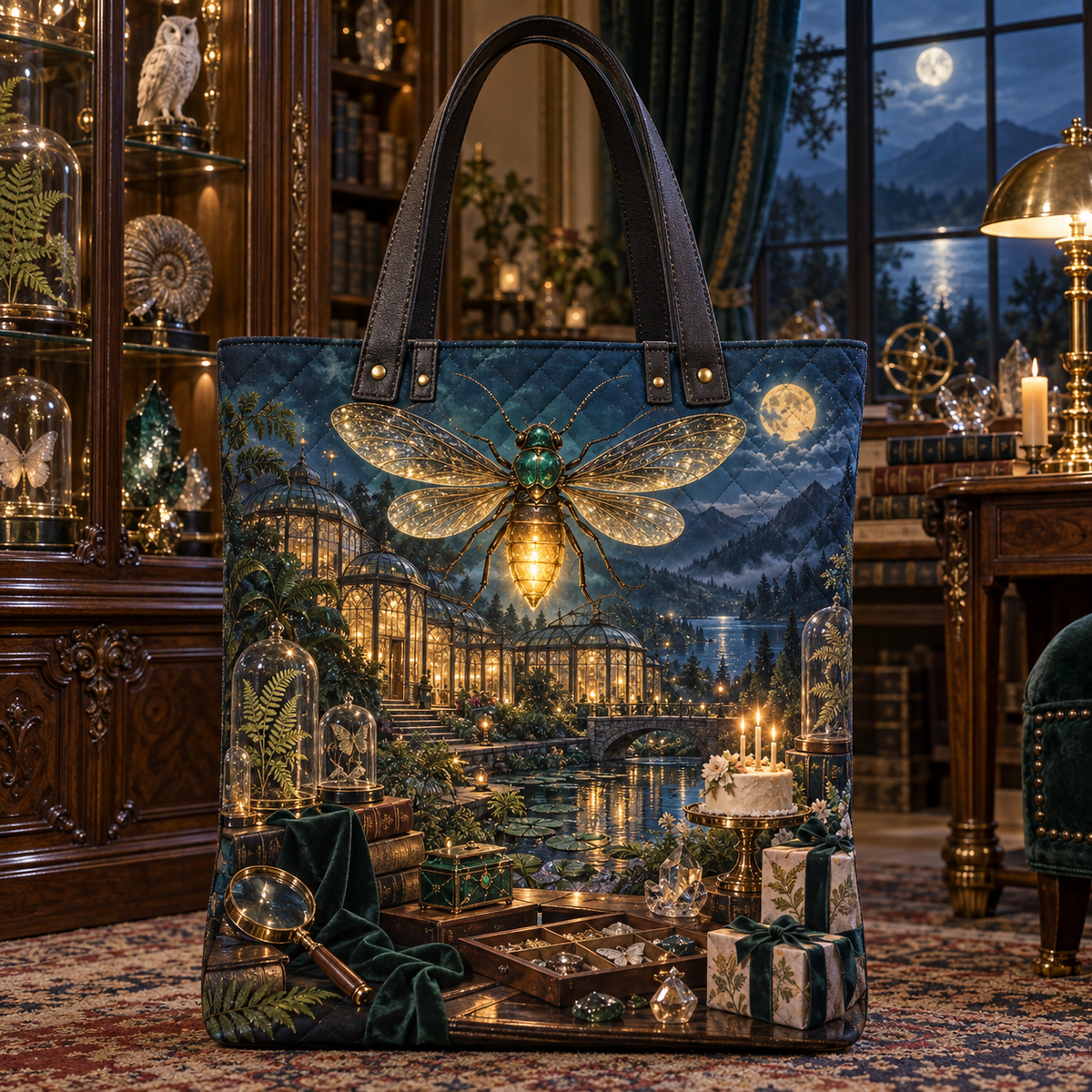 Firefly Curio Jubilee Quilted Tote Bag with printed optical 3D artwork in its use setting