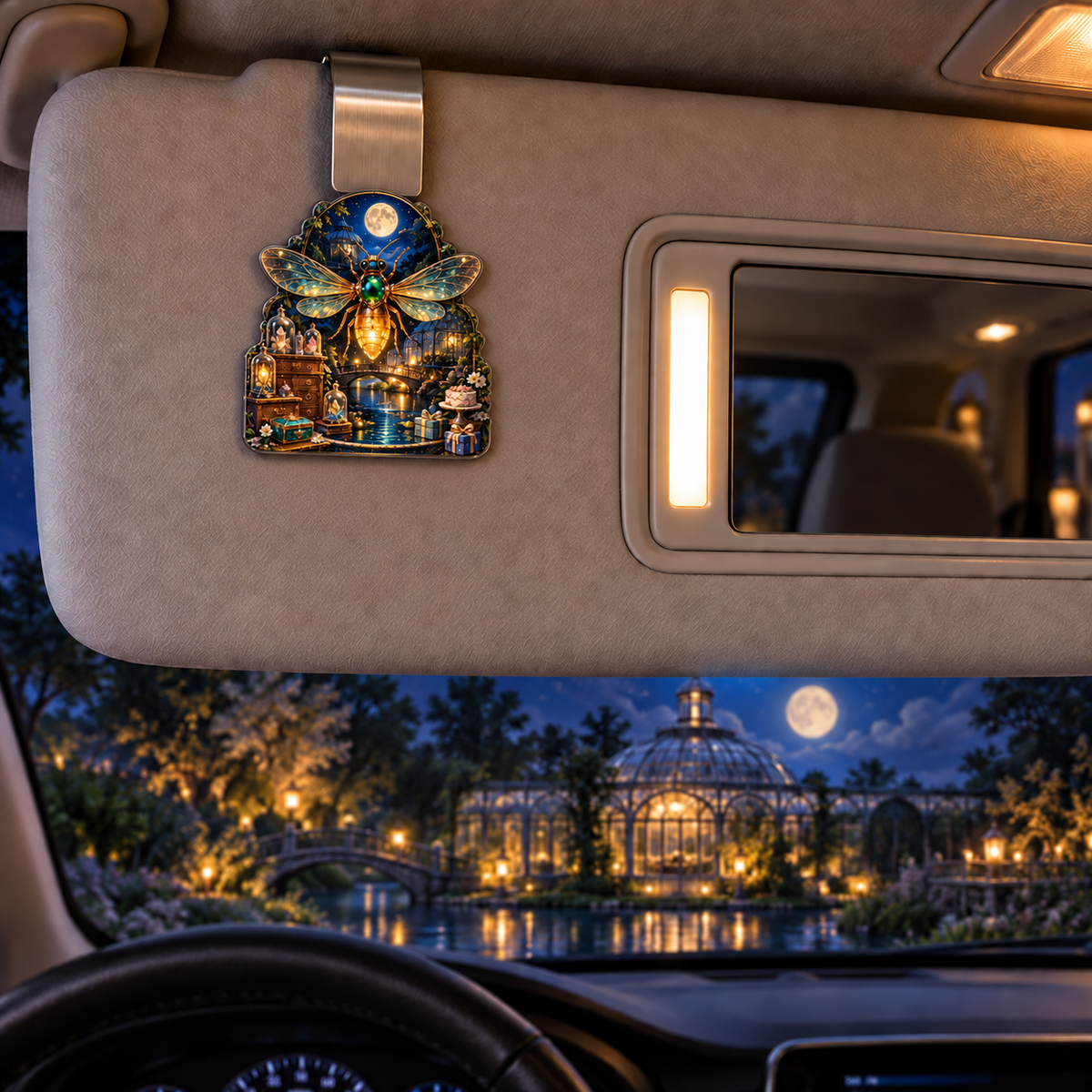 Firefly Curio Jubilee Holographic Car Visor Clip with printed optical 3D artwork in its use setting