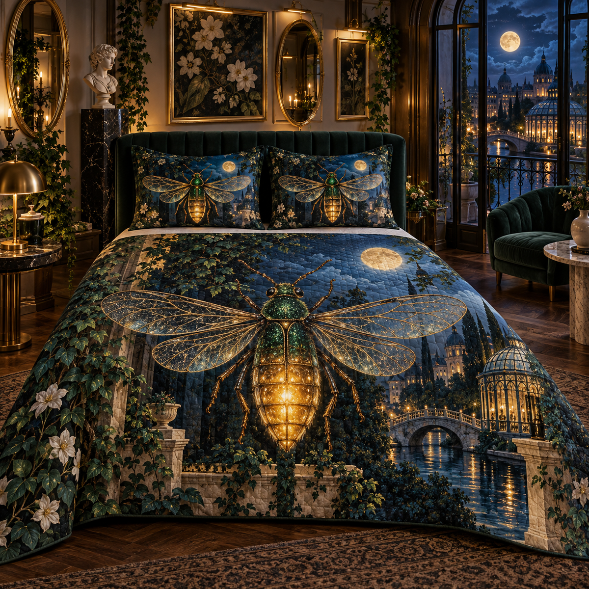 Firefly Gallery Nocturne Quilted Bedding Set with printed optical 3D artwork in its use setting