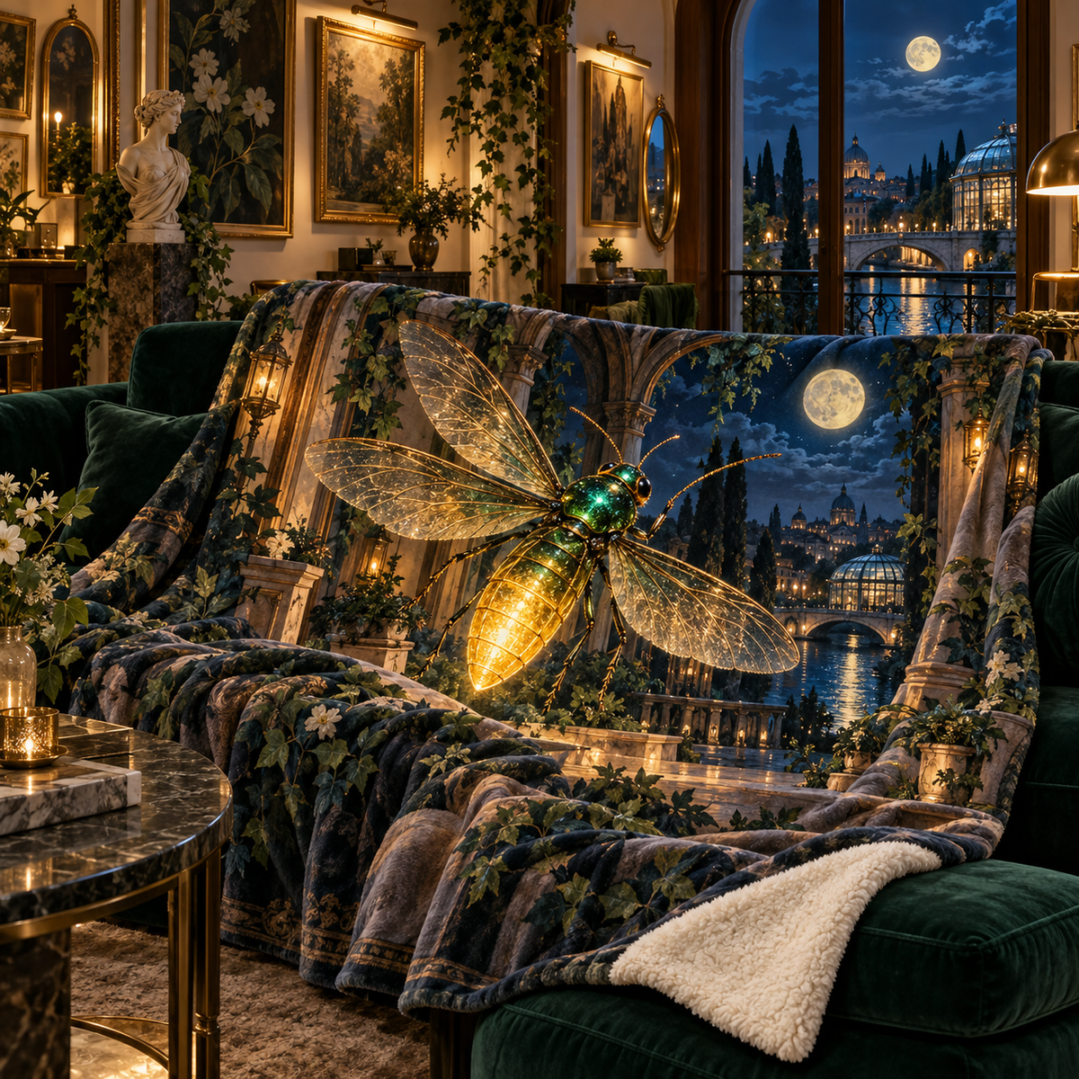 Firefly Gallery Nocturne Sherpa & Fleece Blanket with printed optical 3D artwork in its use setting