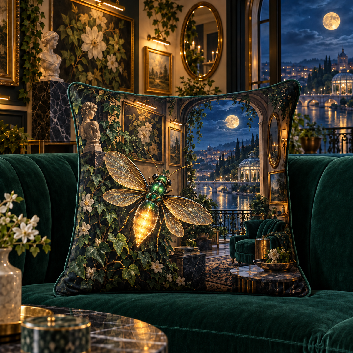 Firefly Gallery Nocturne Quilted Cushion Cover with printed optical 3D artwork in its use setting