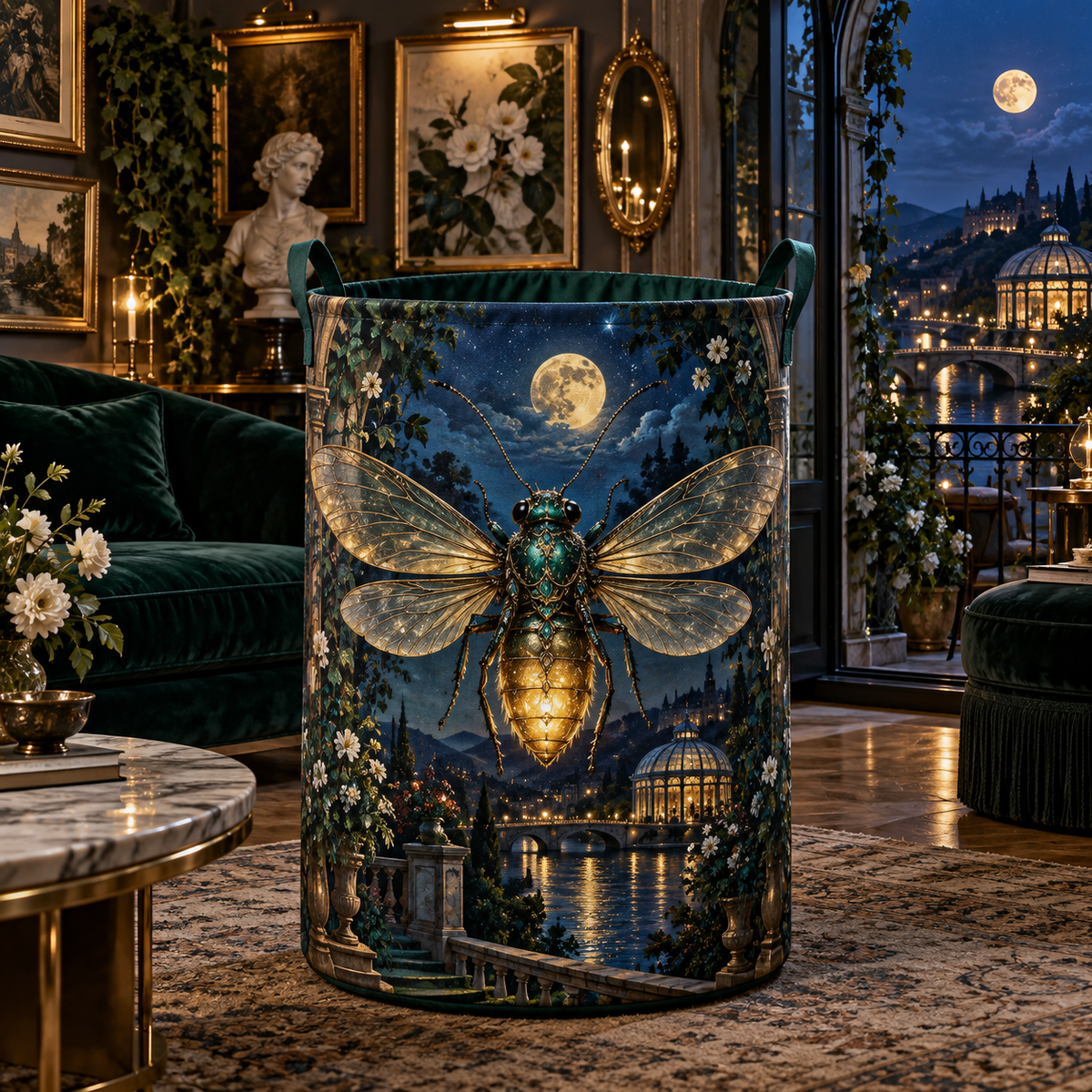 Firefly Gallery Nocturne Laundry Hamper with printed optical 3D artwork in its use setting