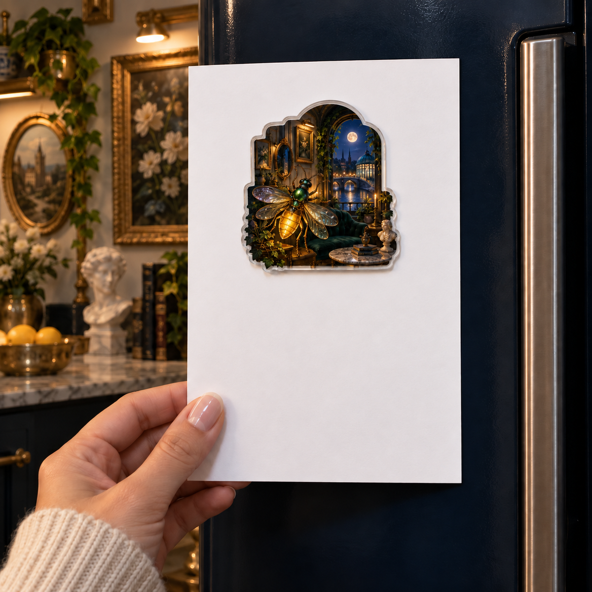 Firefly Gallery Nocturne Acrylic Refrigerator Magnet with printed optical 3D artwork in its use setting