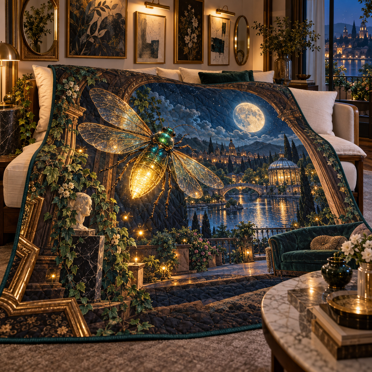 Firefly Gallery Nocturne Quilt Blanket with printed optical 3D artwork in its use setting