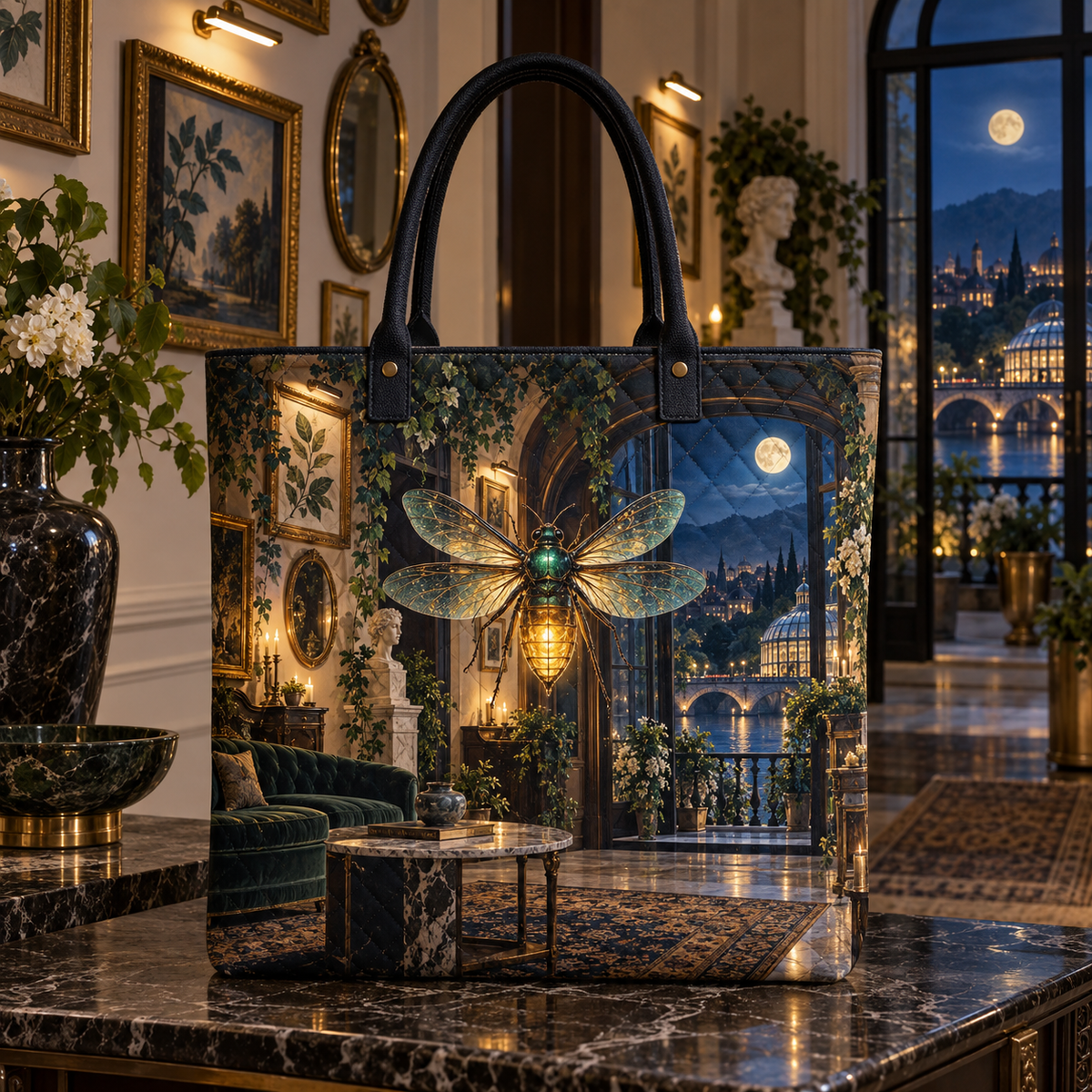 Firefly Gallery Nocturne Quilted Tote Bag with printed optical 3D artwork in its use setting