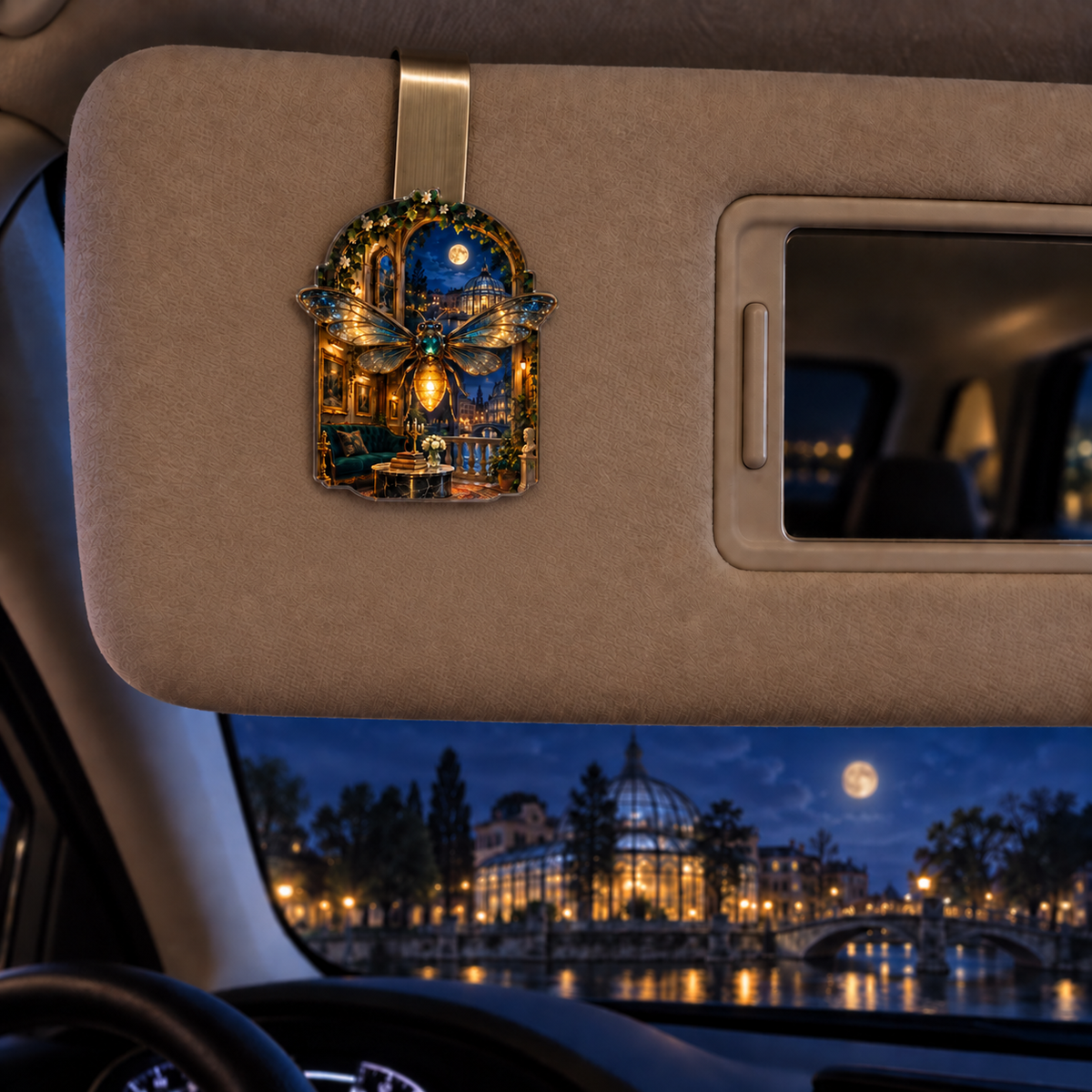 Firefly Gallery Nocturne Holographic Car Visor Clip with printed optical 3D artwork in its use setting
