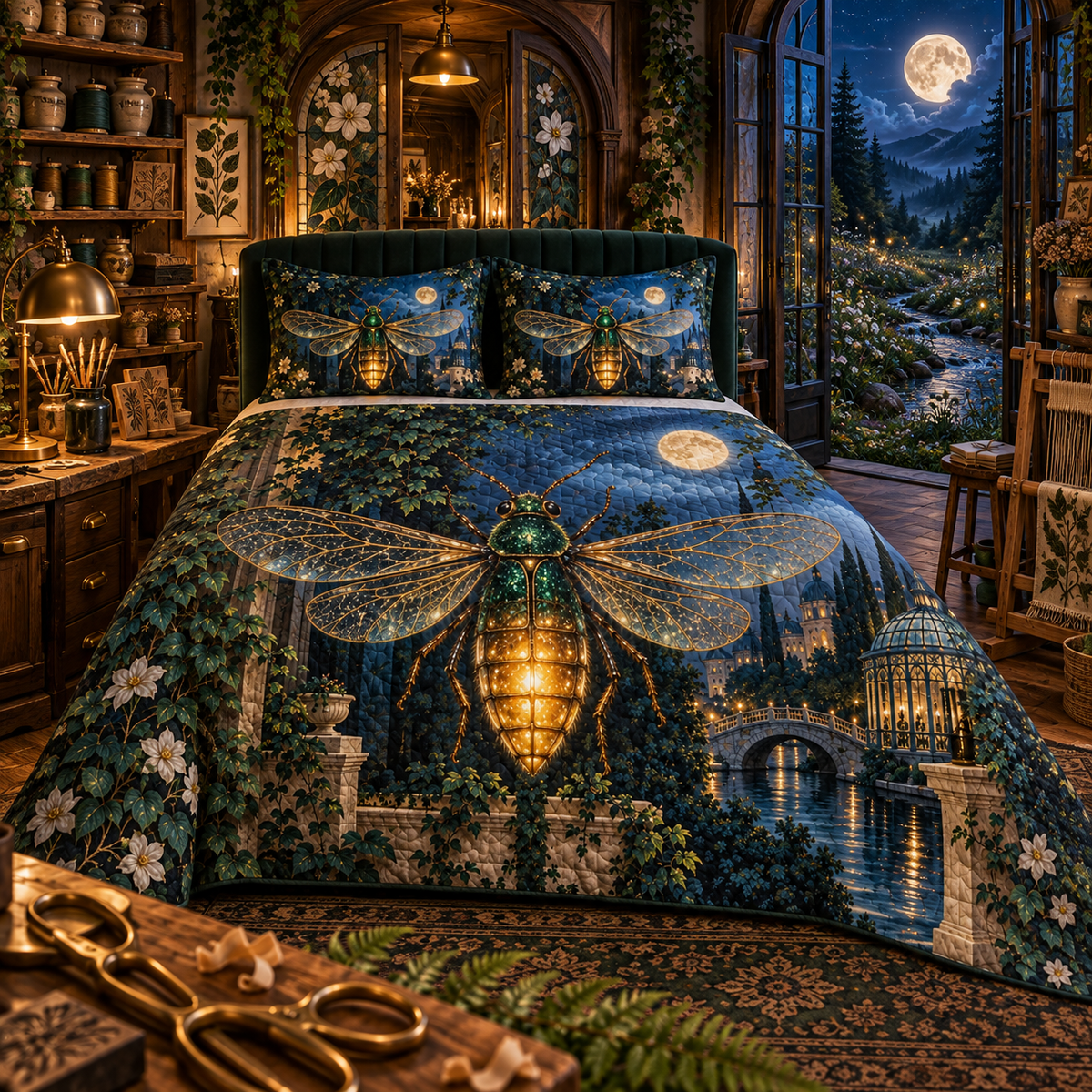 Embercraft Firefly Atelier Quilted Bedding Set with printed optical 3D artwork in its use setting
