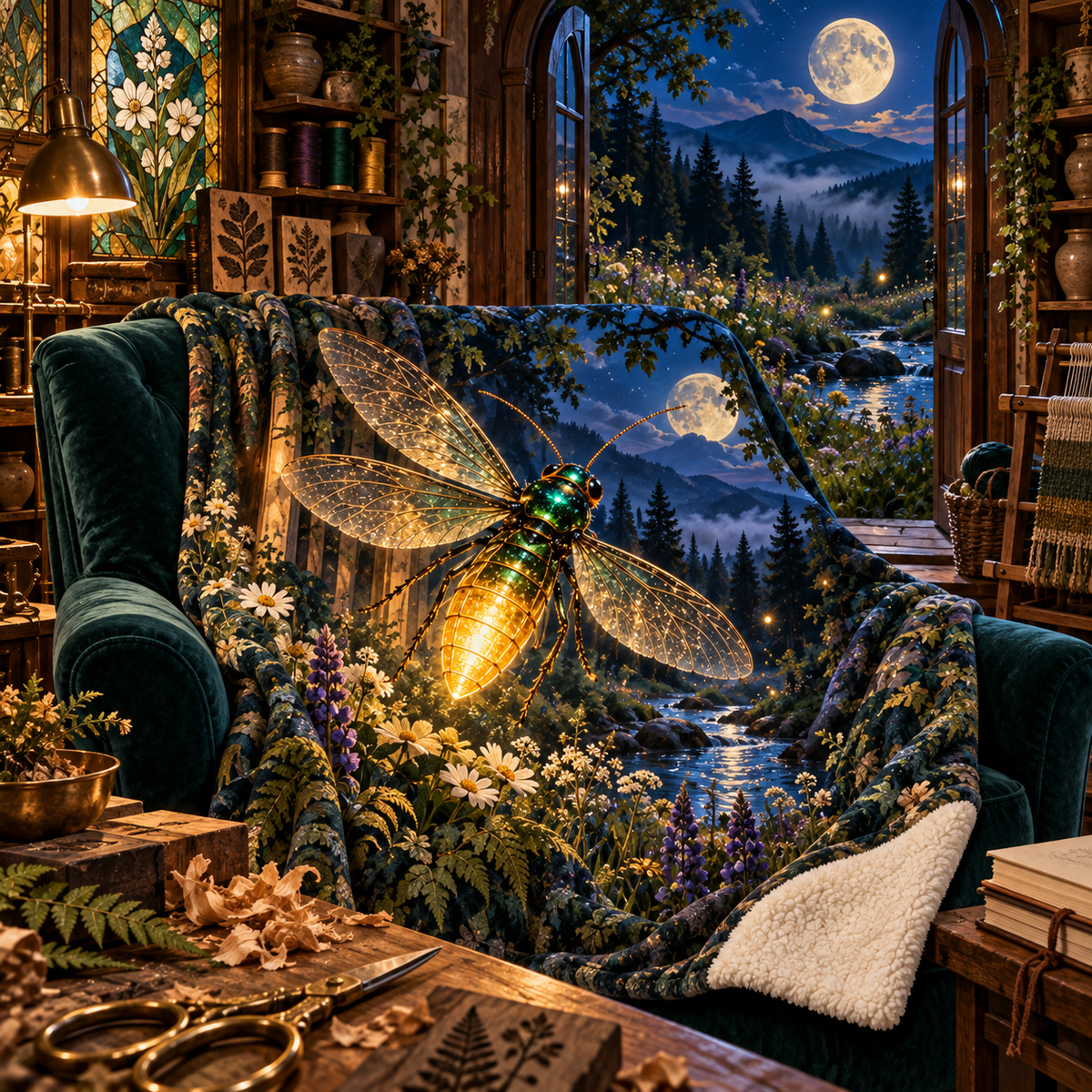 Embercraft Firefly Atelier Sherpa & Fleece Blanket with printed optical 3D artwork in its use setting