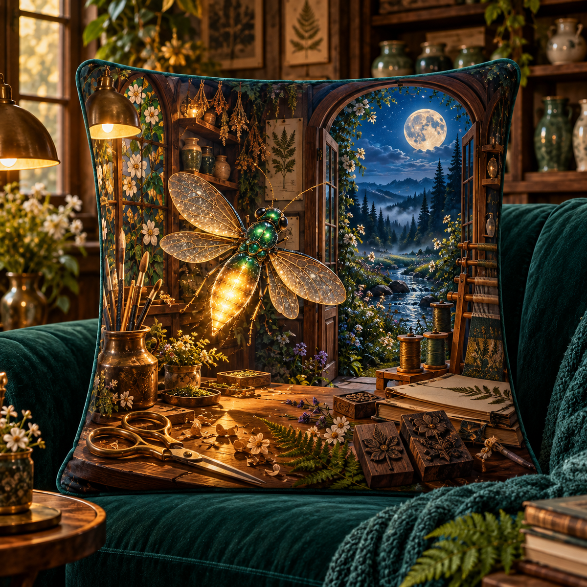 Embercraft Firefly Atelier Quilted Cushion Cover with printed optical 3D artwork in its use setting