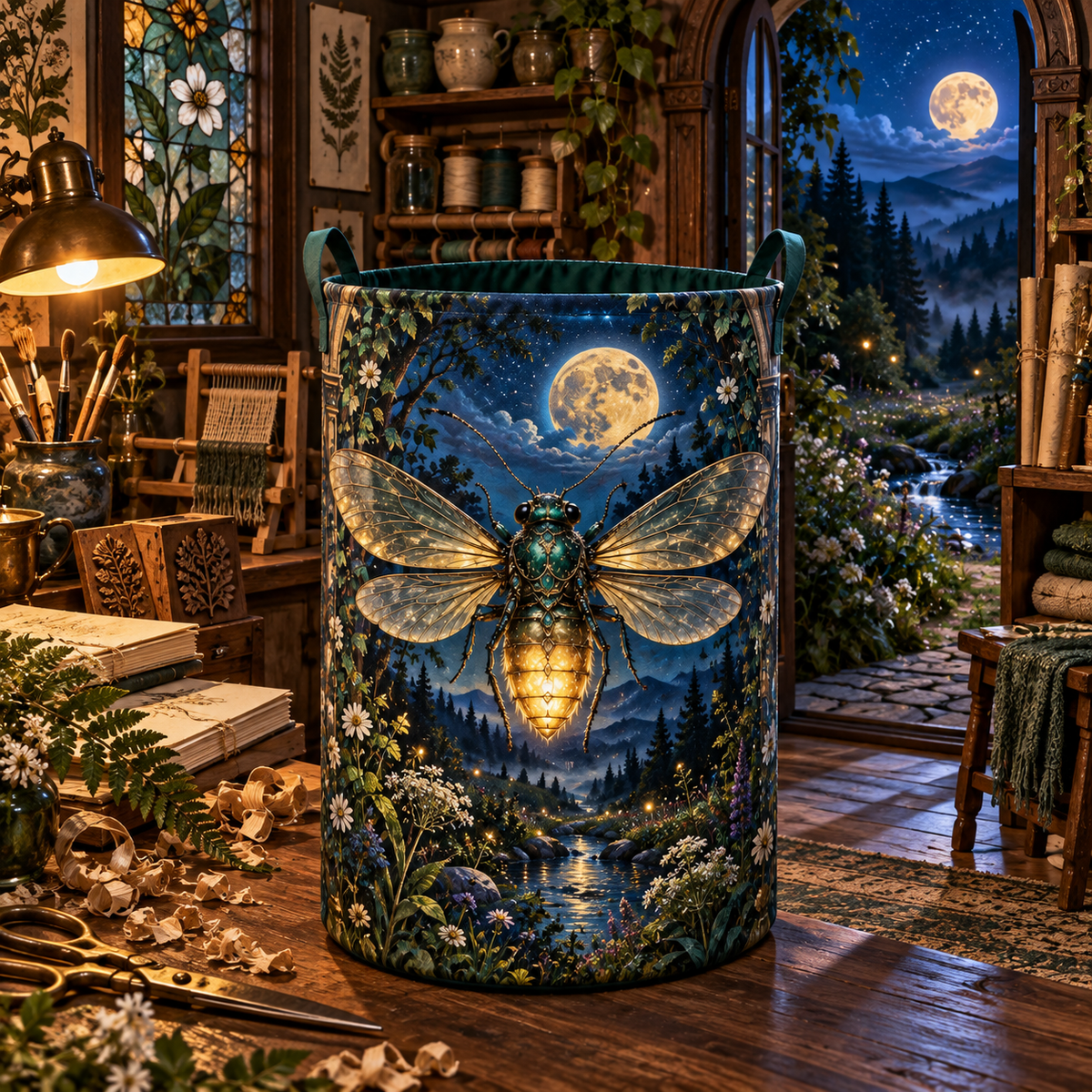 Embercraft Firefly Atelier Laundry Hamper with printed optical 3D artwork in its use setting
