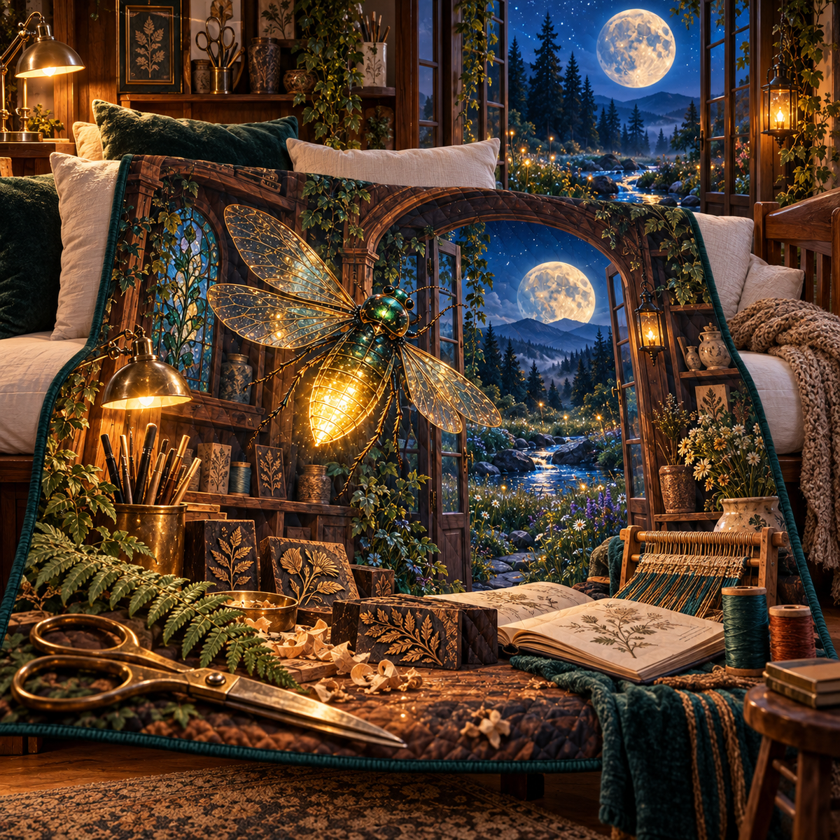 Embercraft Firefly Atelier Quilt Blanket with printed optical 3D artwork in its use setting