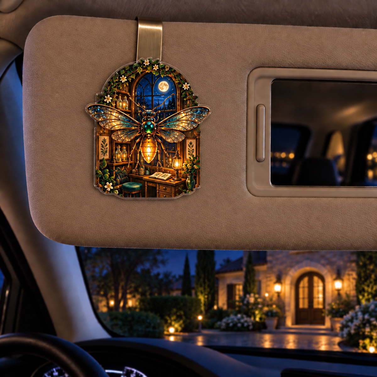 Embercraft Firefly Atelier Holographic Car Visor Clip with printed optical 3D artwork in its use setting