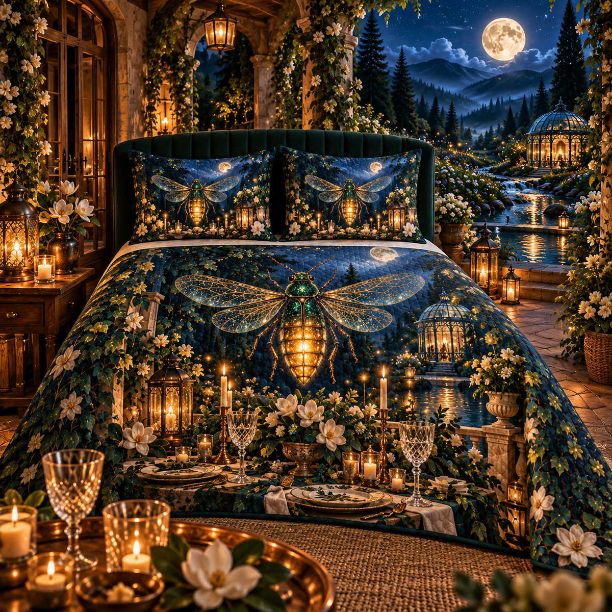 Firefly Welcome Supper Quilted Bedding Set with printed optical 3D artwork in its use setting