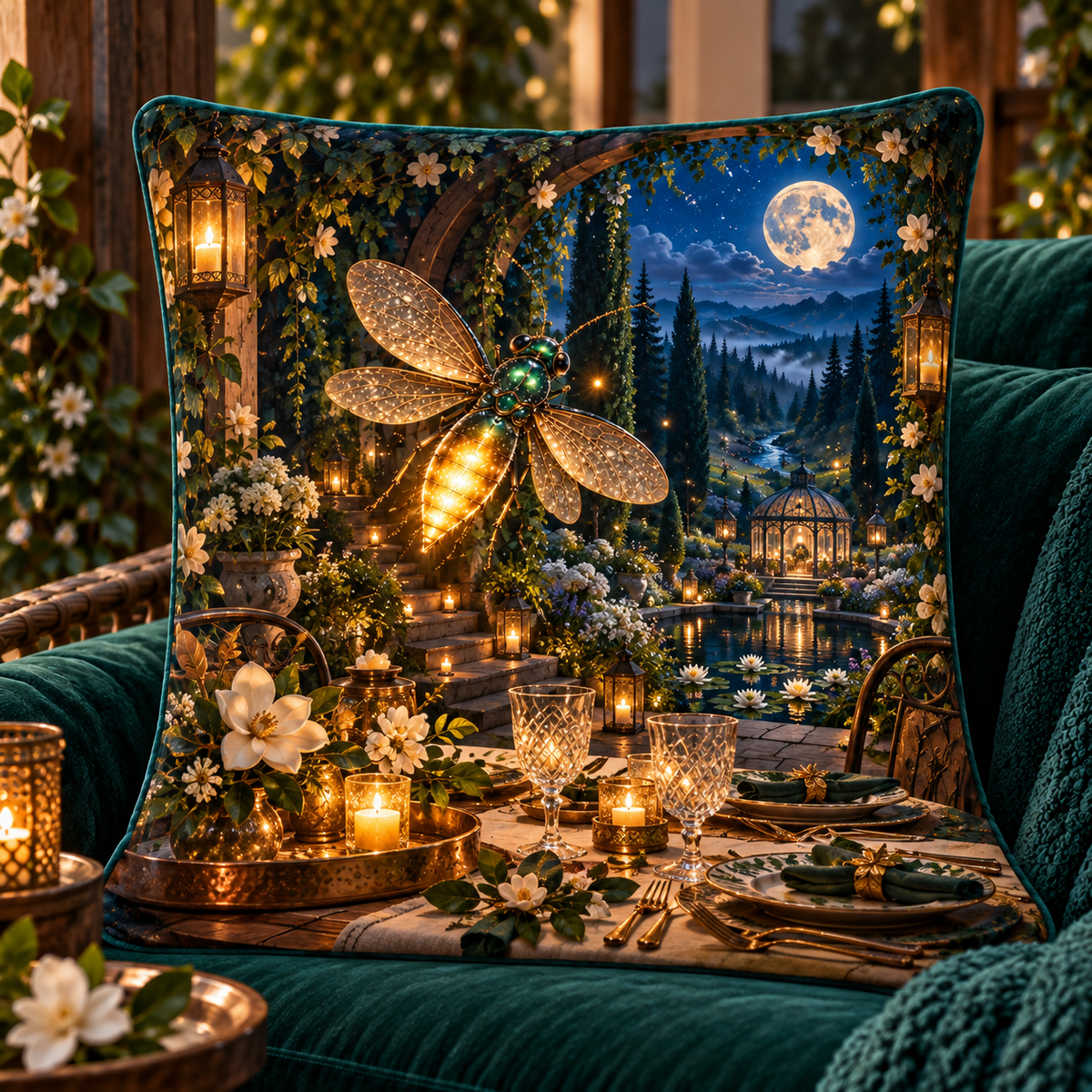 Firefly Welcome Supper Quilted Cushion Cover with printed optical 3D artwork in its use setting