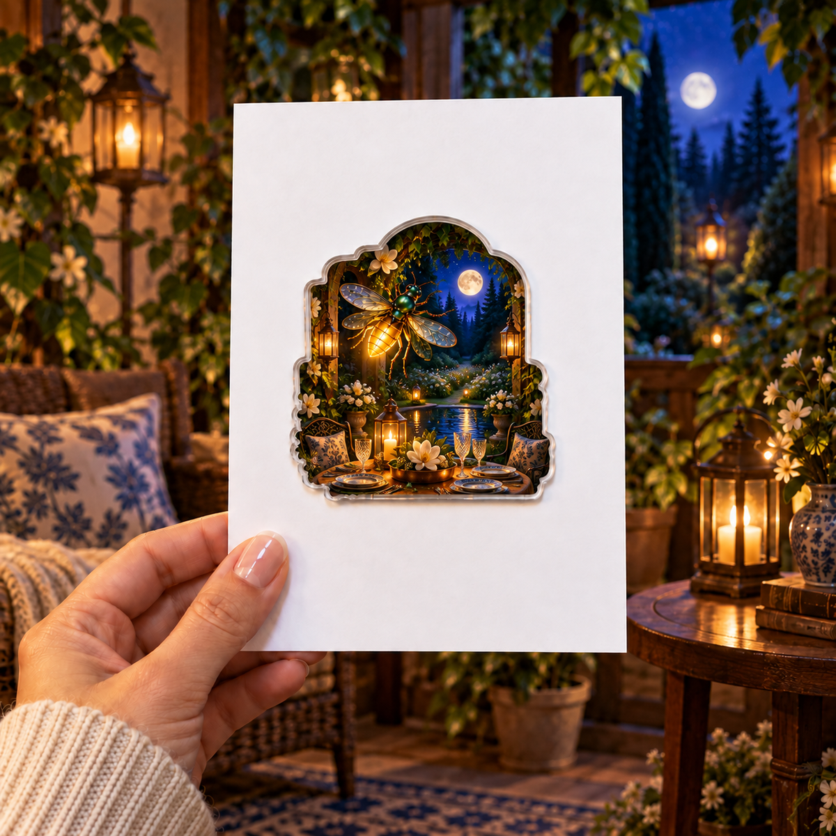 Firefly Welcome Supper Acrylic Refrigerator Magnet with printed optical 3D artwork in its use setting