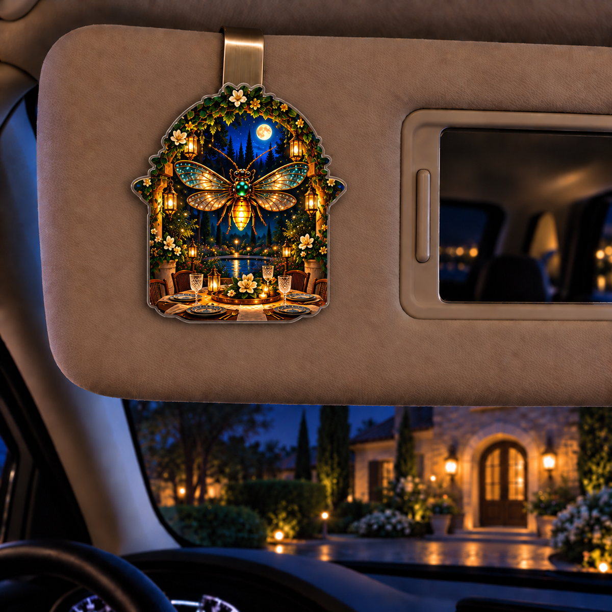 Firefly Welcome Supper Holographic Car Visor Clip with printed optical 3D artwork in its use setting