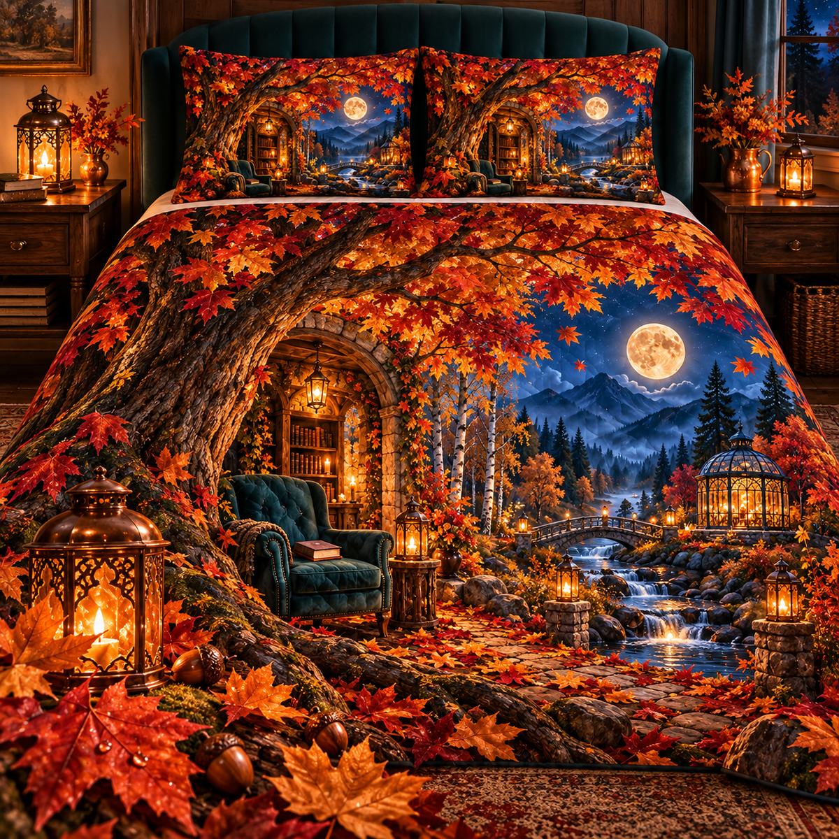 Amber Canopy Reading Portal Quilted Bedding Set with printed optical 3D artwork in its use setting
