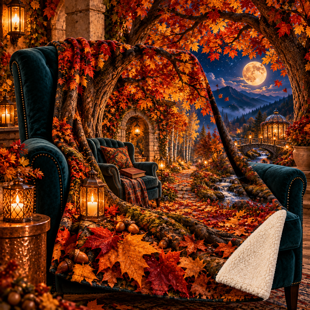 Amber Canopy Reading Portal Sherpa & Fleece Blanket with printed optical 3D artwork in its use setting