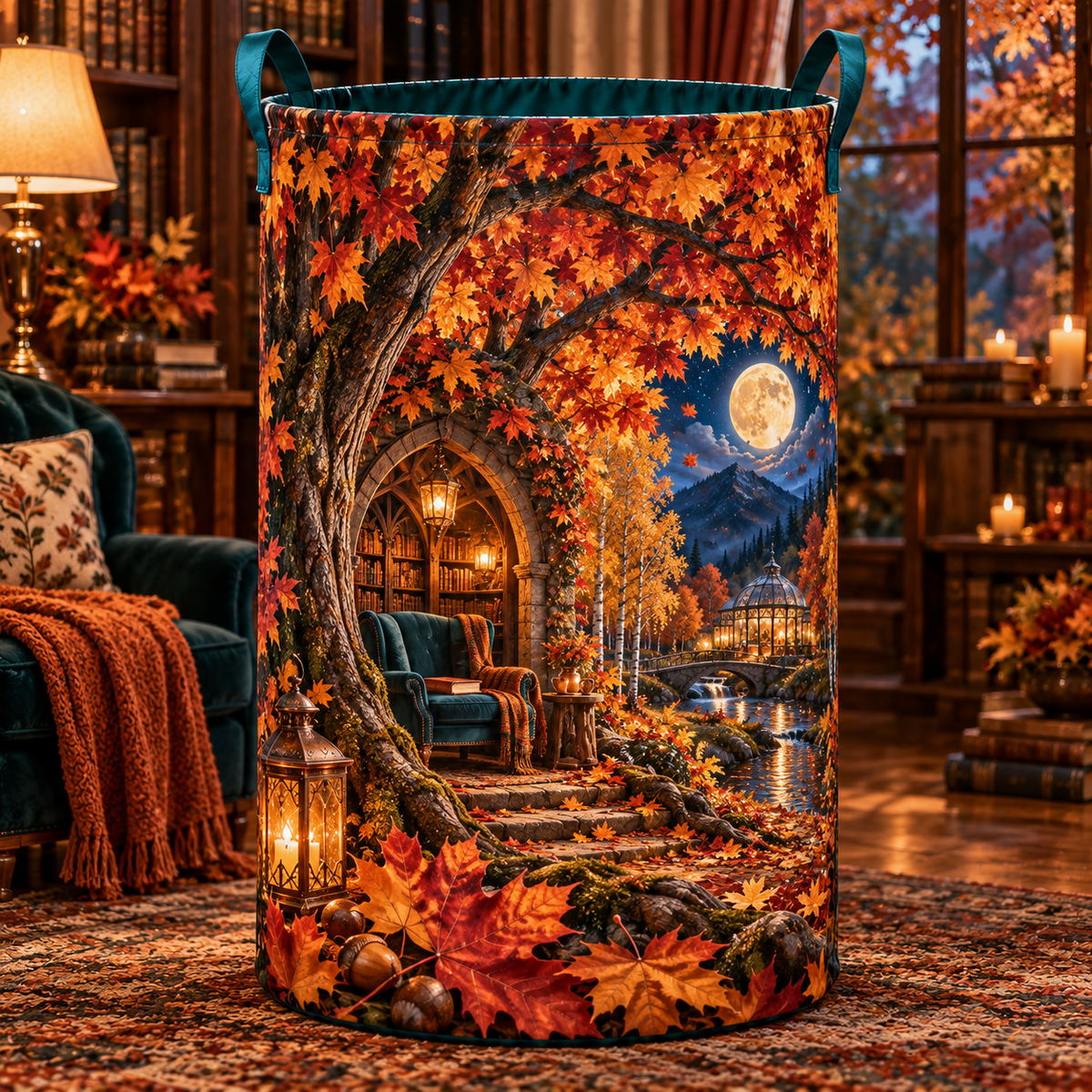 Amber Canopy Reading Portal Laundry Hamper with printed optical 3D artwork in its use setting