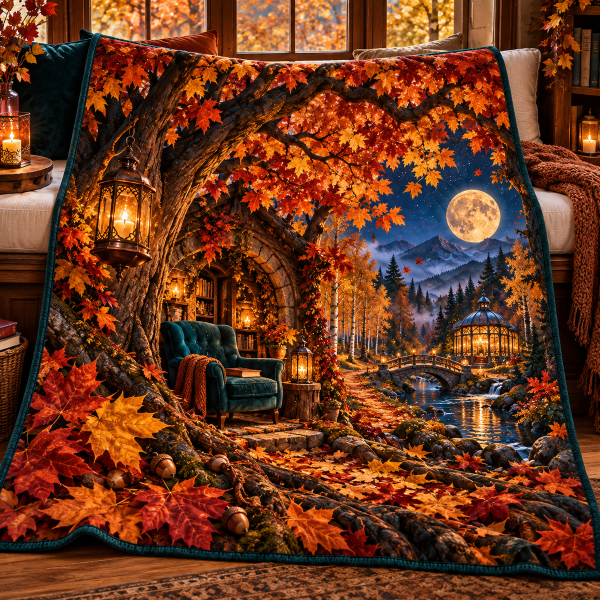Amber Canopy Reading Portal Quilt Blanket with printed optical 3D artwork in its use setting