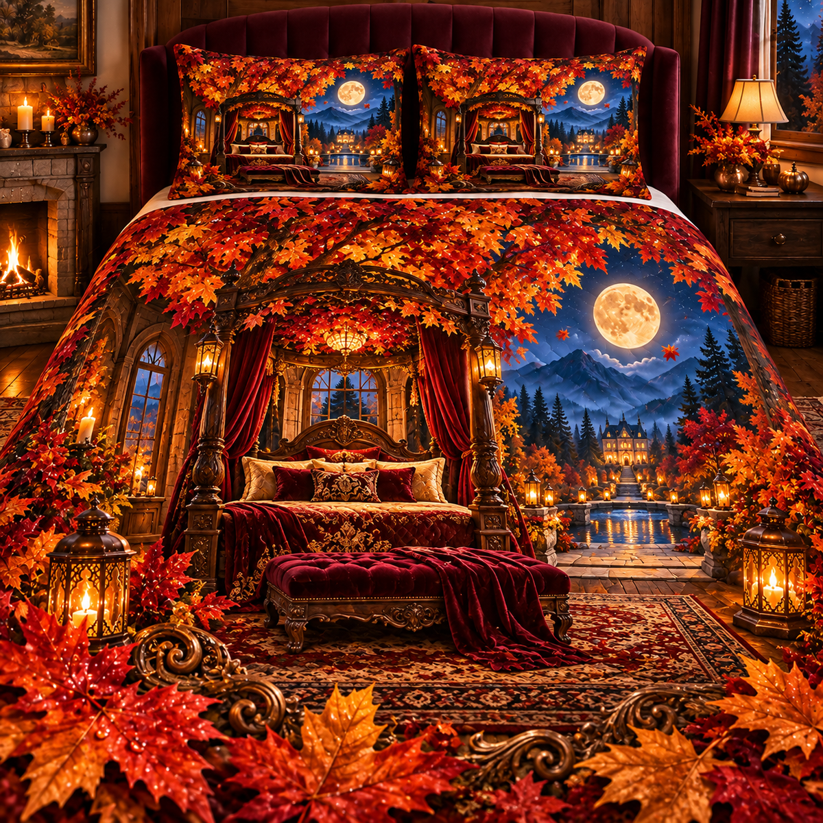 Crownfire Autumn Bedroom Quilted Bedding Set with printed optical 3D artwork in its use setting
