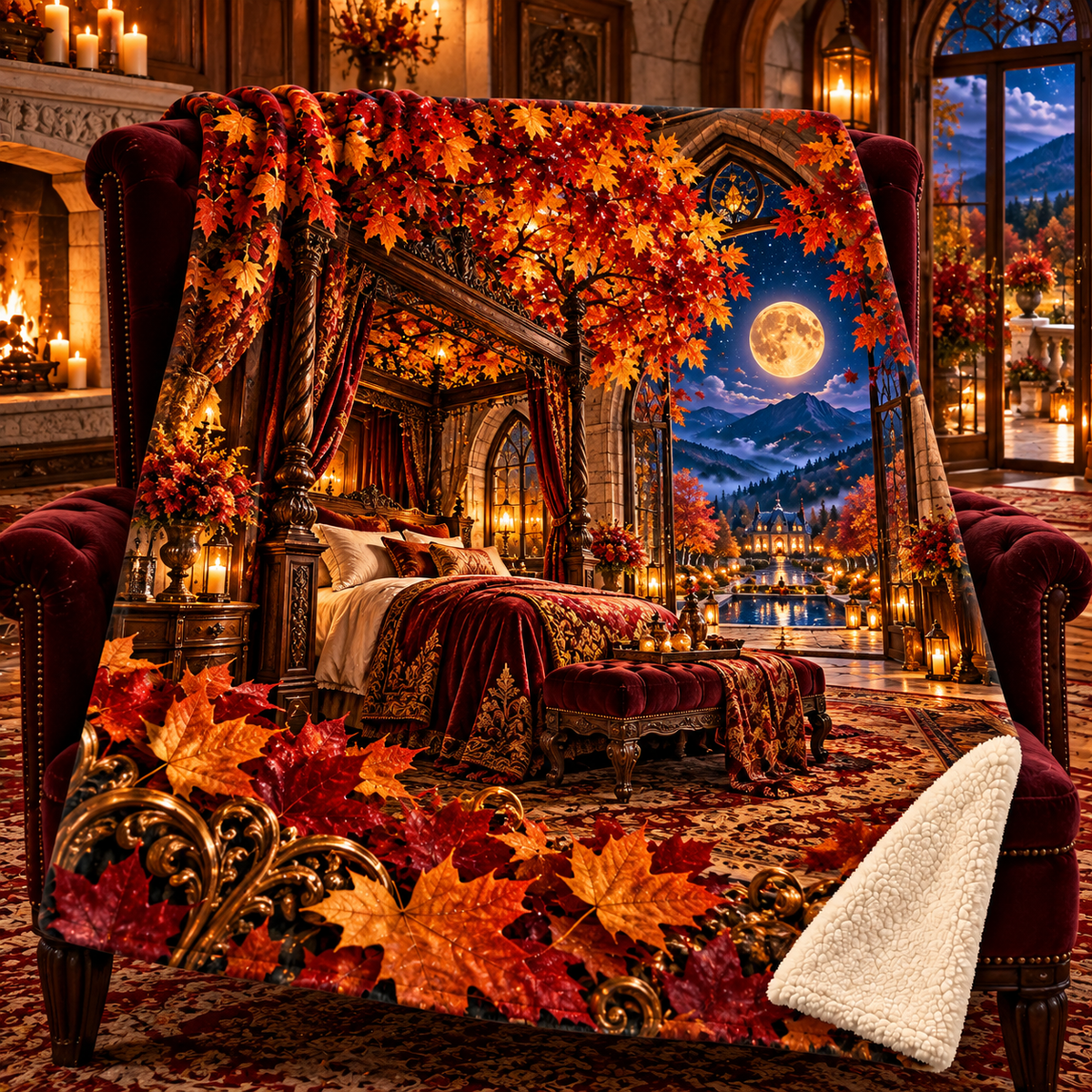Crownfire Autumn Bedroom Sherpa & Fleece Blanket with printed optical 3D artwork in its use setting