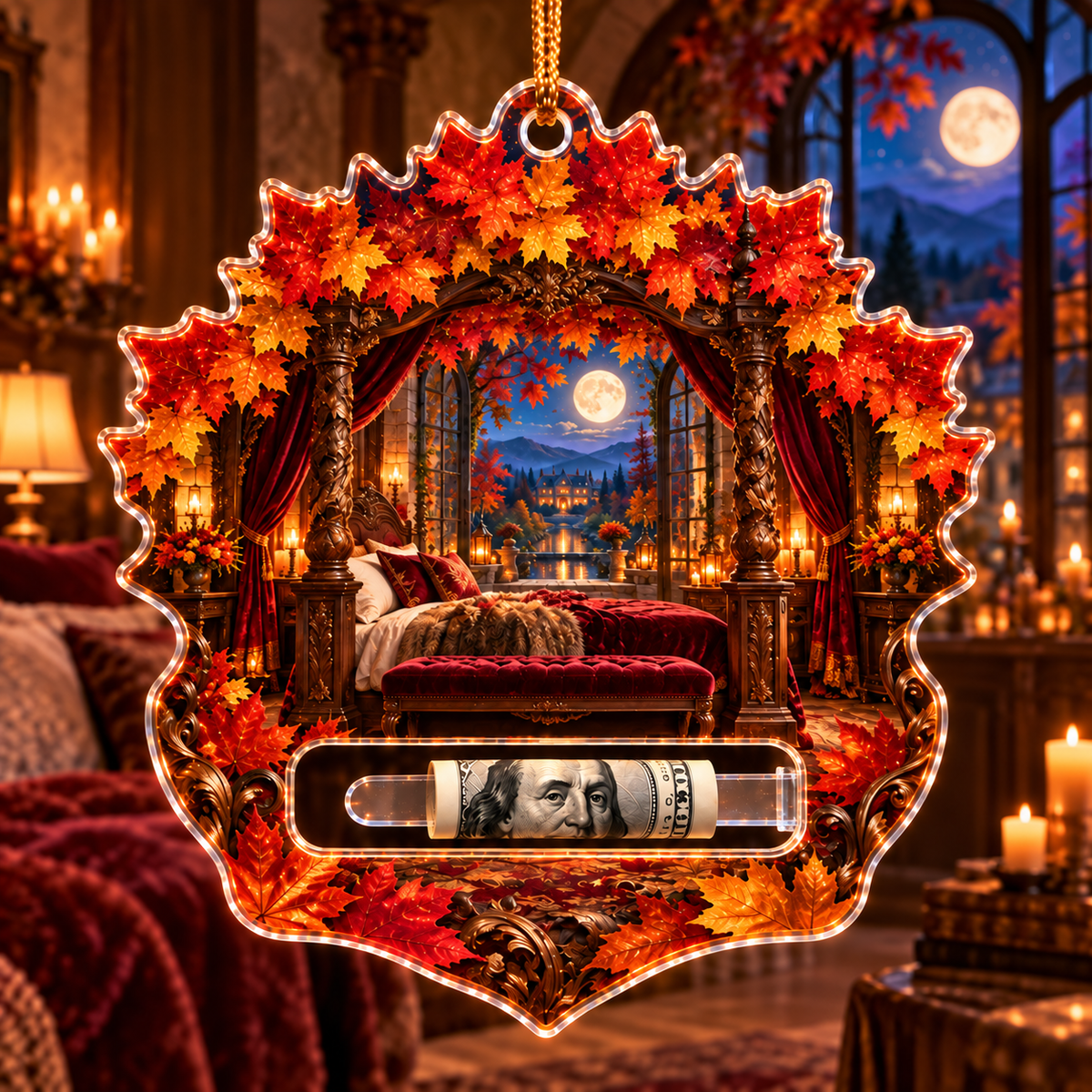 Crownfire Autumn Bedroom Acrylic Cash Holder Ornament with printed optical 3D artwork in its use setting
