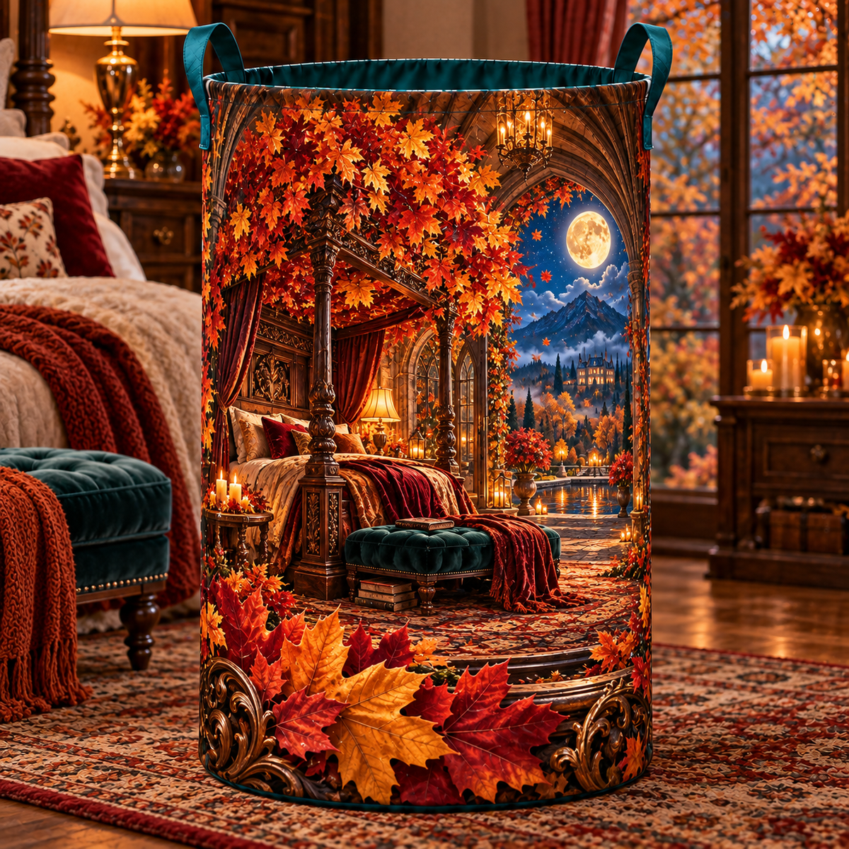 Crownfire Autumn Bedroom Laundry Hamper with printed optical 3D artwork in its use setting