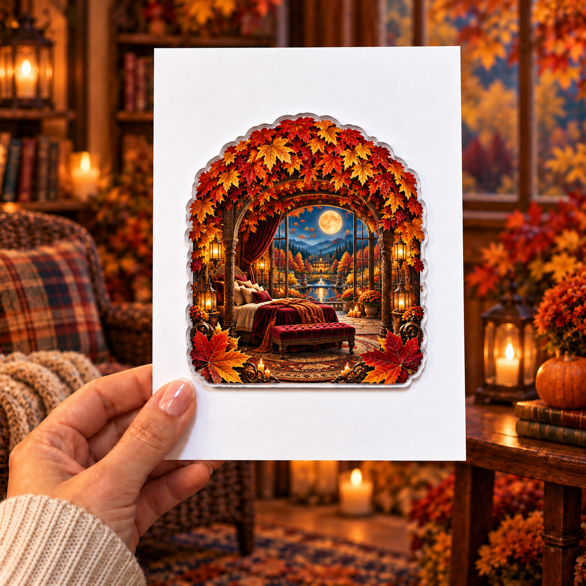 Crownfire Autumn Bedroom Acrylic Refrigerator Magnet with printed optical 3D artwork in its use setting