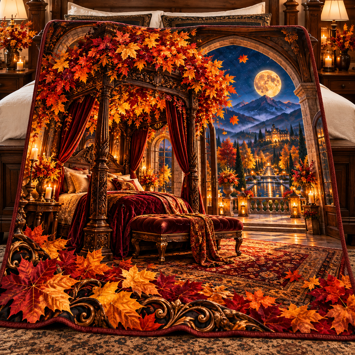Crownfire Autumn Bedroom Quilt Blanket with printed optical 3D artwork in its use setting
