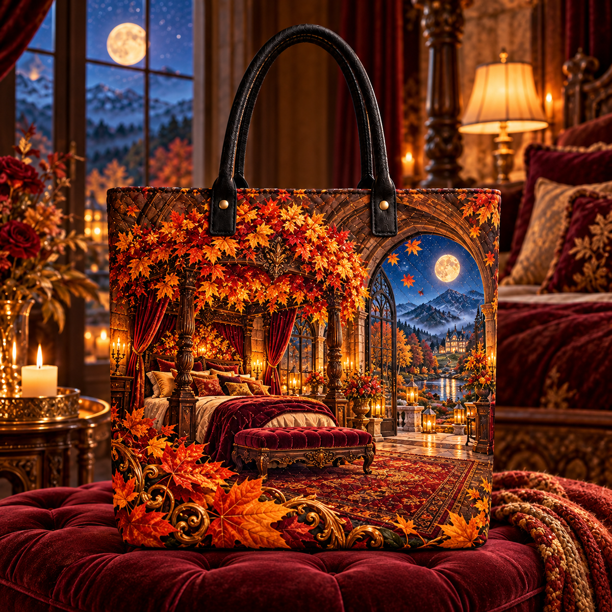 Crownfire Autumn Bedroom Quilted Tote Bag with printed optical 3D artwork in its use setting