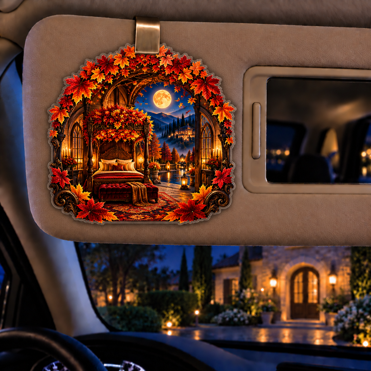 Crownfire Autumn Bedroom Holographic Car Visor Clip with printed optical 3D artwork in its use setting