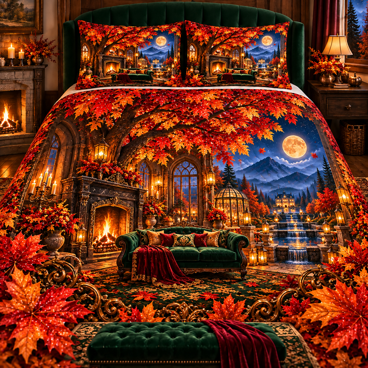 Embercourt Canopy Salon Quilted Bedding Set with printed optical 3D artwork in its use setting