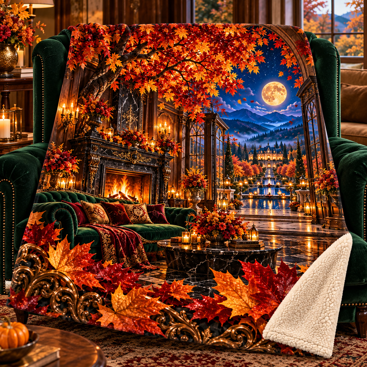 Embercourt Canopy Salon Sherpa & Fleece Blanket with printed optical 3D artwork in its use setting