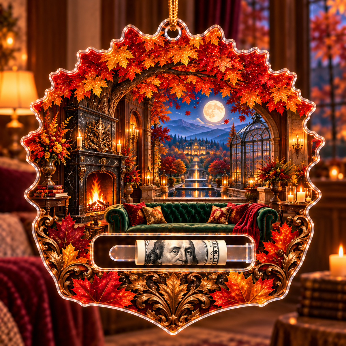 Embercourt Canopy Salon Acrylic Cash Holder Ornament with printed optical 3D artwork in its use setting