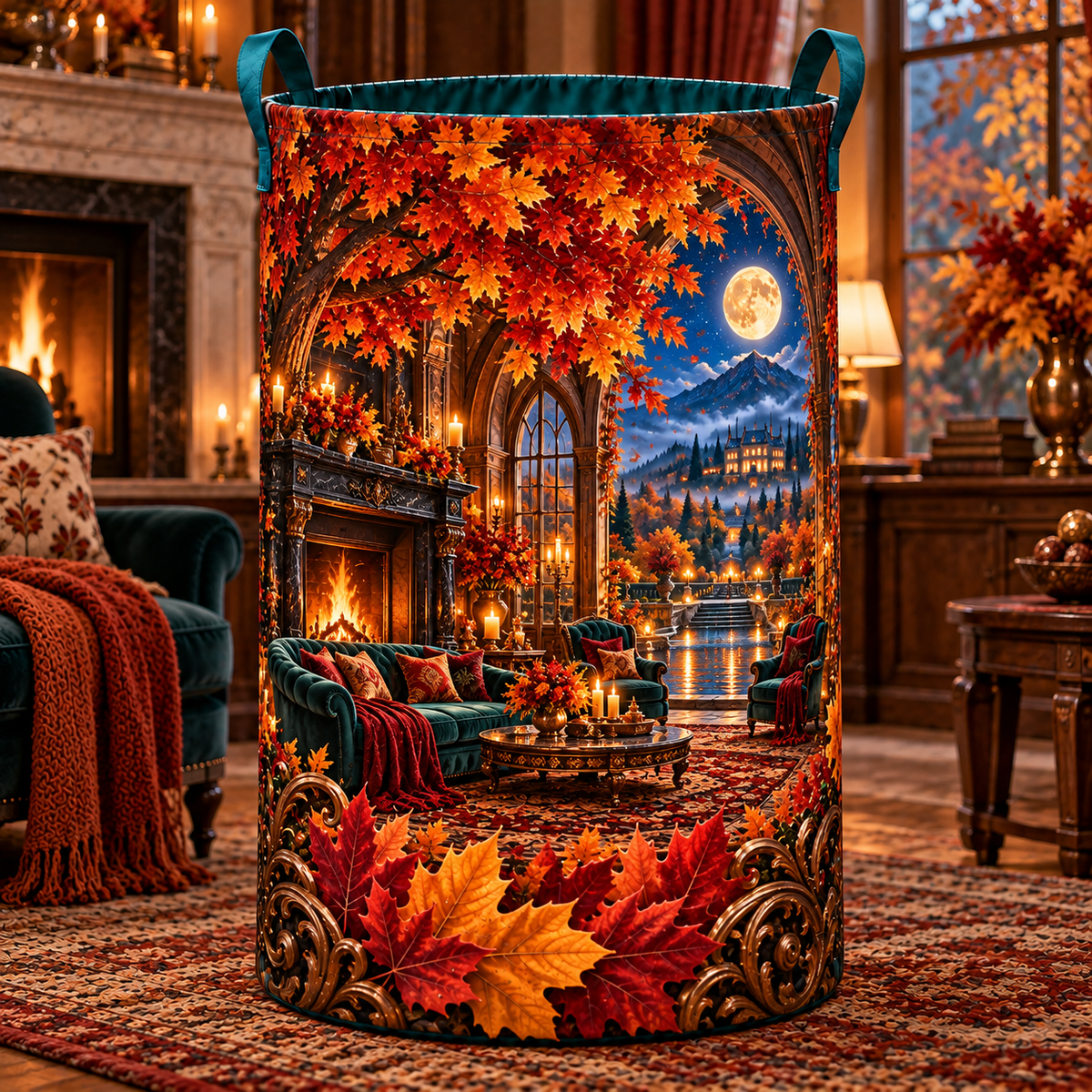 Embercourt Canopy Salon Laundry Hamper with printed optical 3D artwork in its use setting