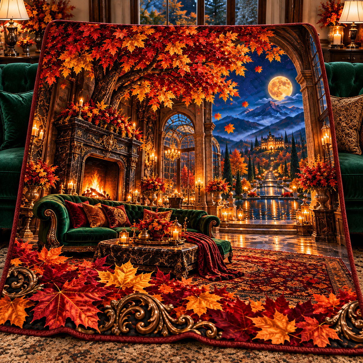 Embercourt Canopy Salon Quilt Blanket with printed optical 3D artwork in its use setting
