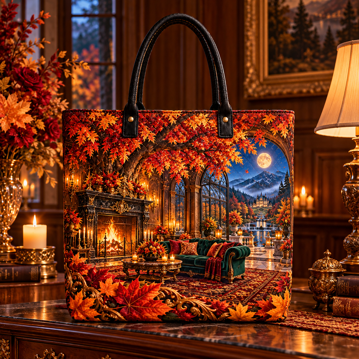 Embercourt Canopy Salon Quilted Tote Bag with printed optical 3D artwork in its use setting