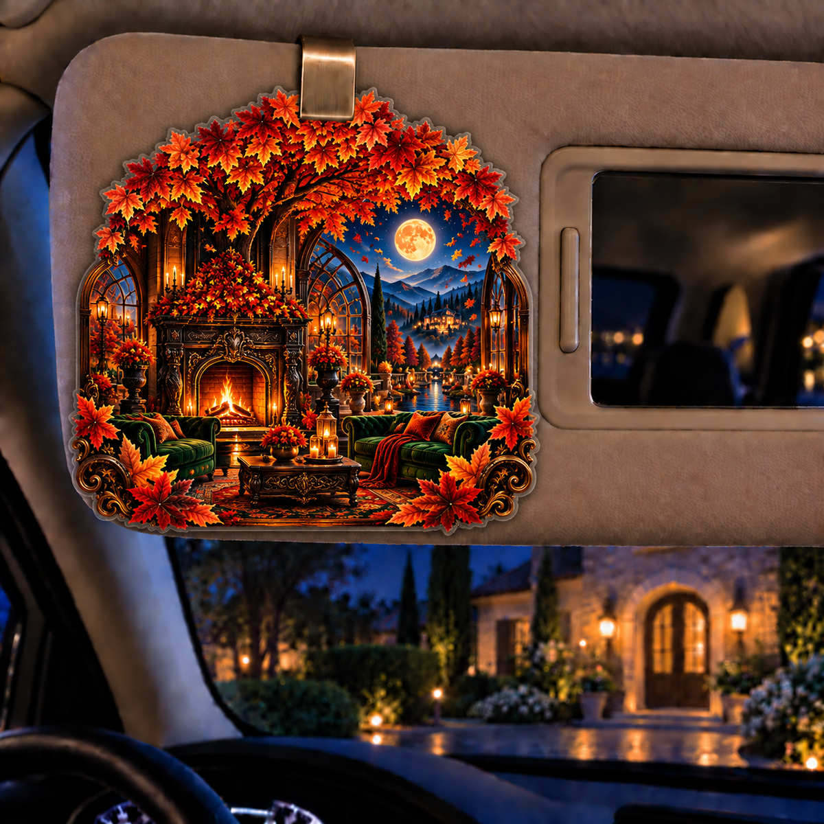 Embercourt Canopy Salon Holographic Car Visor Clip with printed optical 3D artwork in its use setting