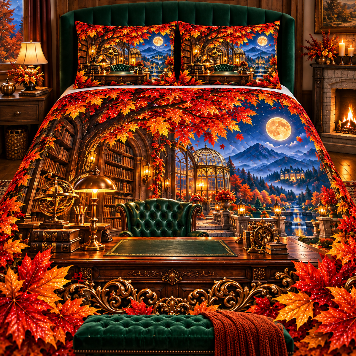 Canopy Scholar Observatory Quilted Bedding Set with printed optical 3D artwork in its use setting