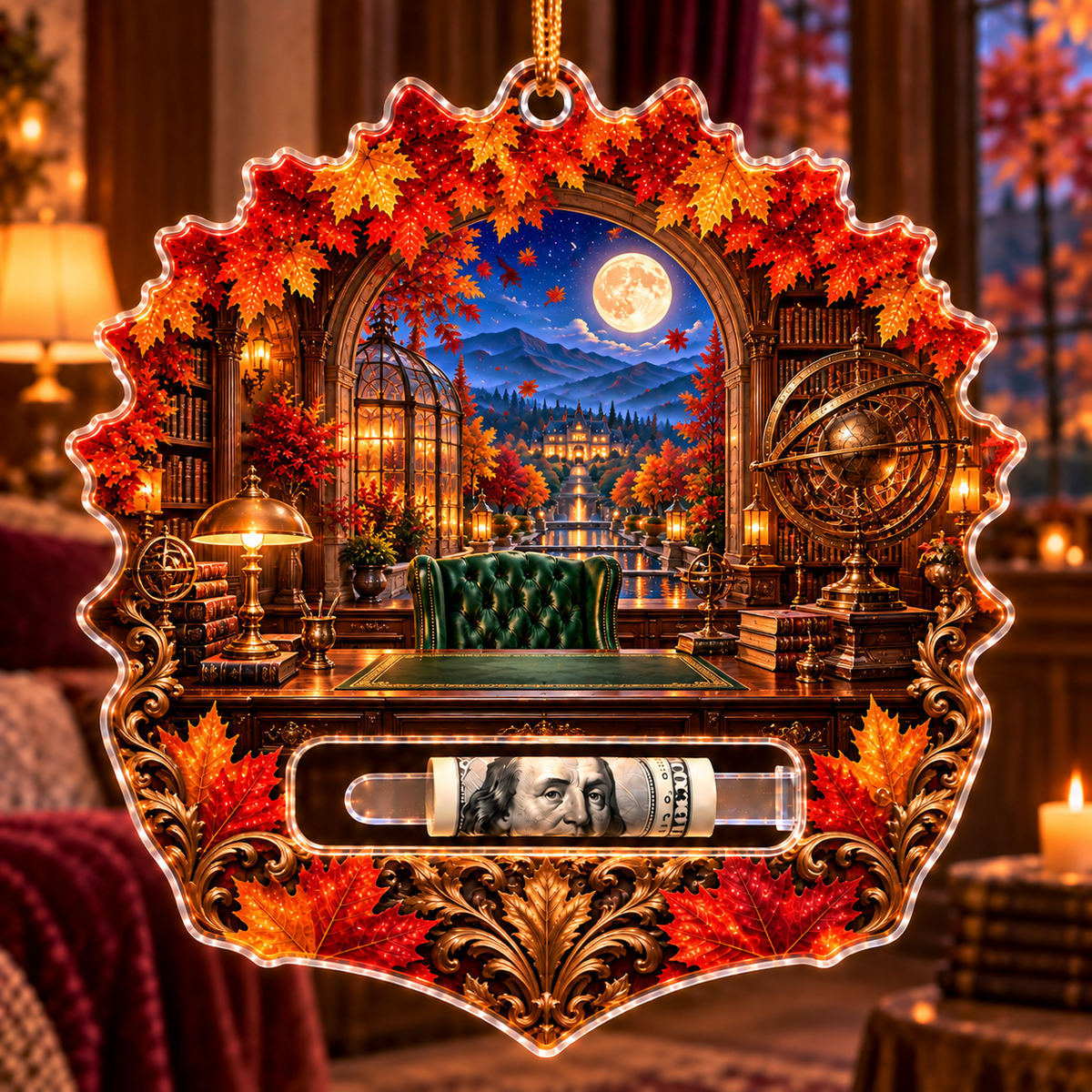 Canopy Scholar Observatory Acrylic Cash Holder Ornament with printed optical 3D artwork in its use setting