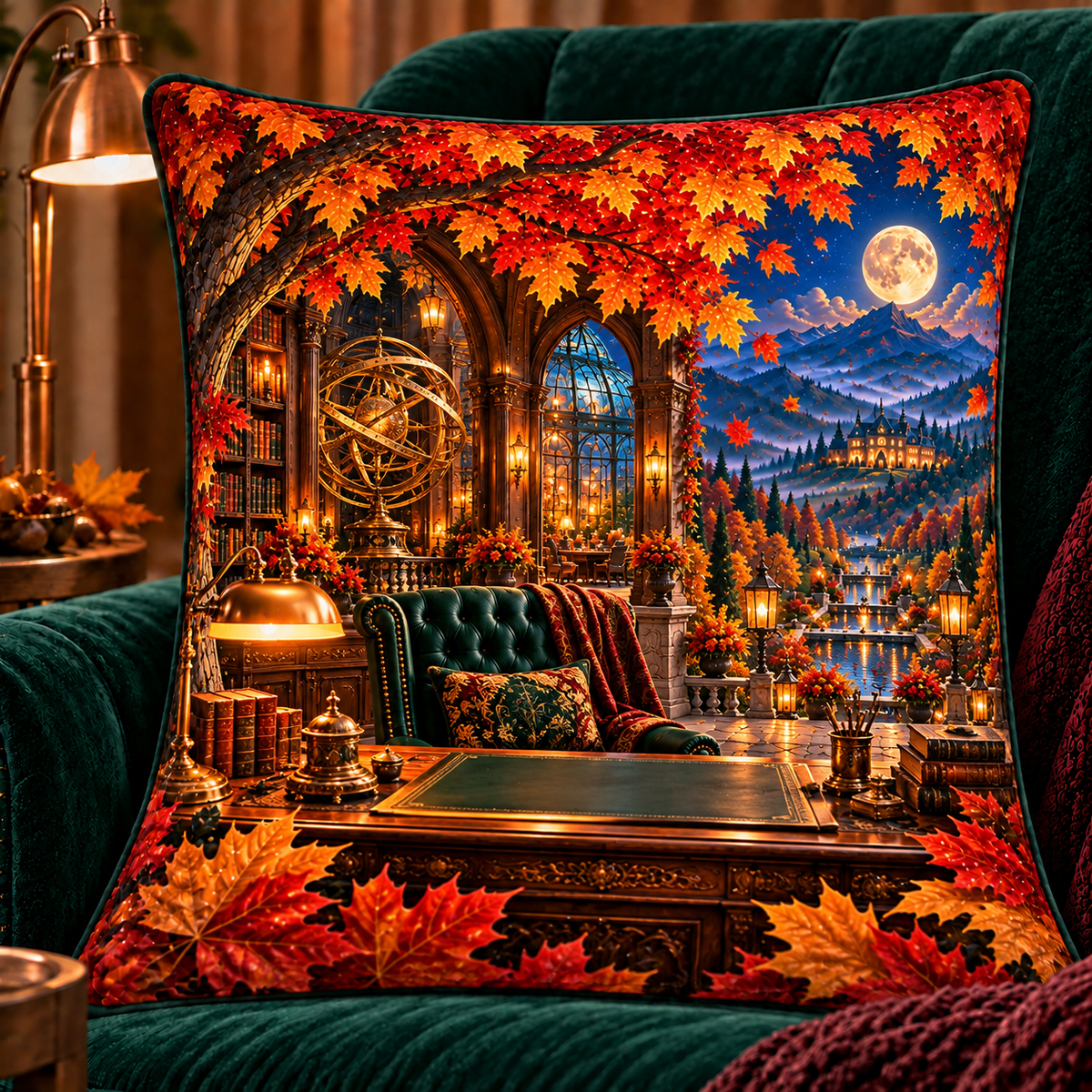 Canopy Scholar Observatory Quilted Cushion Cover with printed optical 3D artwork in its use setting
