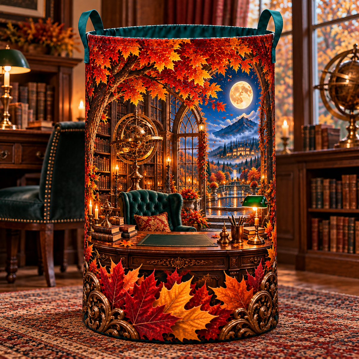 Canopy Scholar Observatory Laundry Hamper with printed optical 3D artwork in its use setting